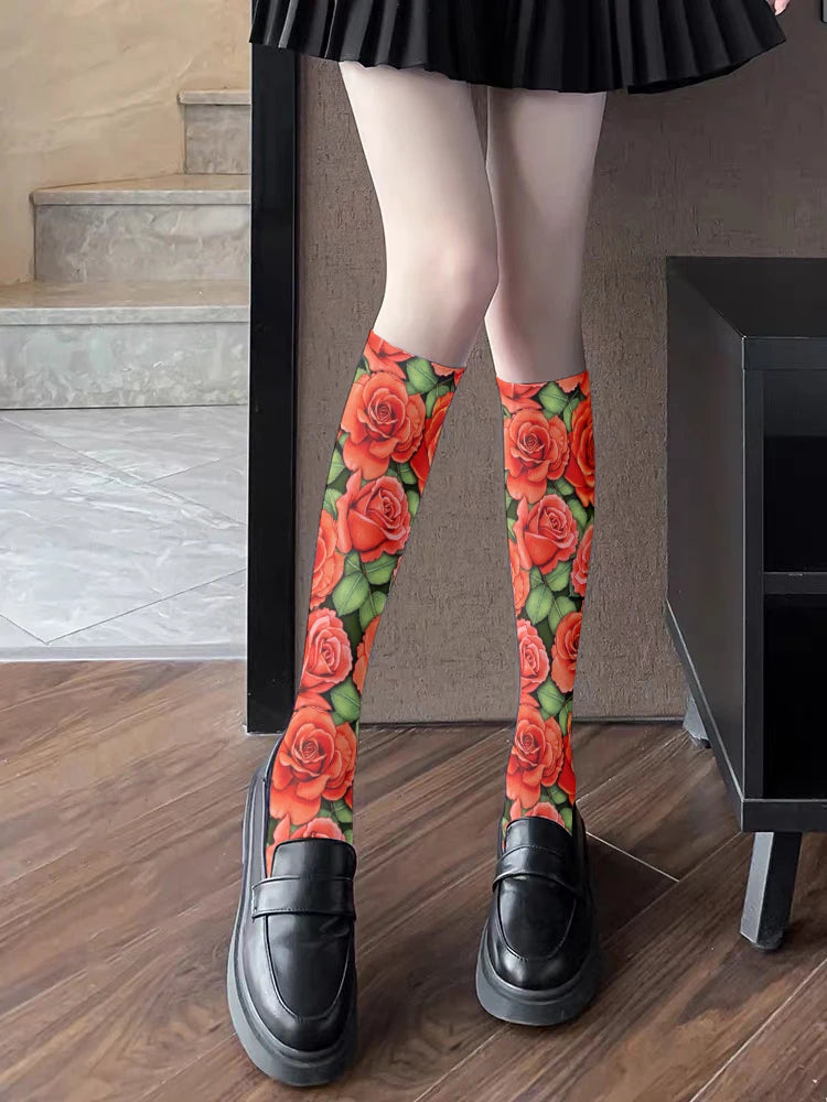 Fashion Trend Flower Print Harajuku Knee Socks Summer Rose Small Daisy Calf Socks Japanese Wild High Tube Sweet Stockings Women