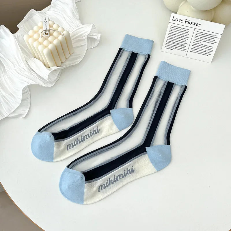 Plaid Sexy Lace Transparent Woman Socks Summer Breathable Ultra-Thin Socks Women Korean Harajuku Streetwear Crystal Silk Socks