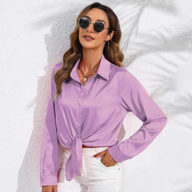 Spring and Autumn real photography in Europe and the United States women's solid color satin sateen long-sleeved women's shirts