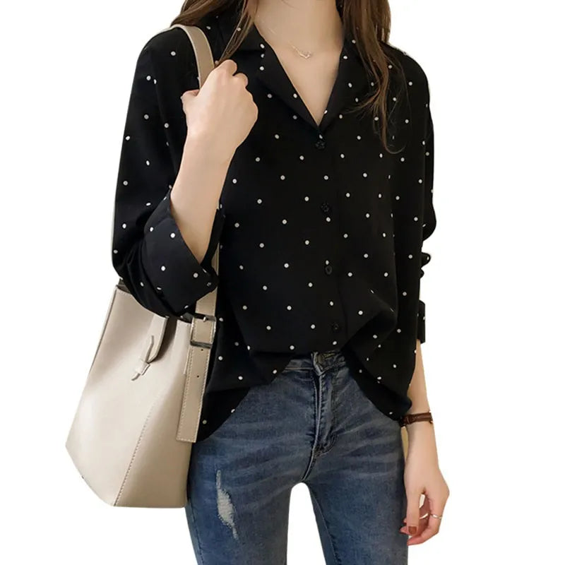 Women's Shirts Dot Print Button Turn-down Collar Long Sleeve Chiffon Blouse