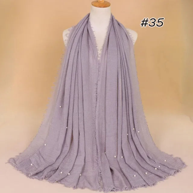 Plain Crinkled Cotton Muslim Hijab Scarf Women Ladies Scarfs Shawls Tassel Head Wrap Pearl Beads Head Scarves Soft Muffler Stole