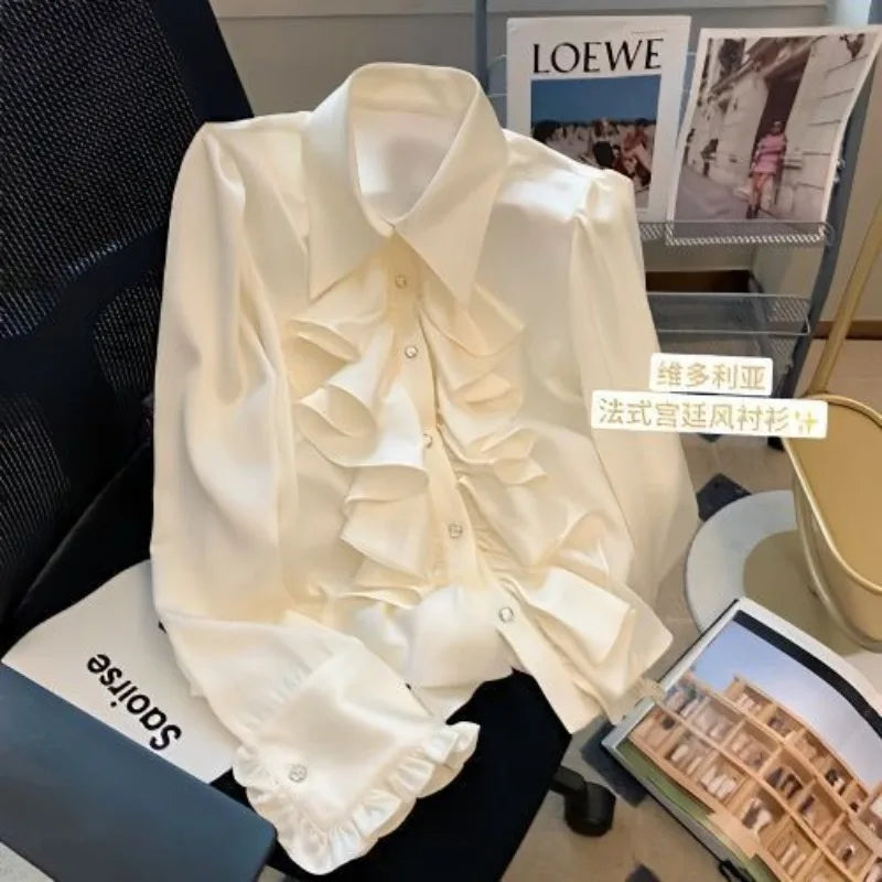 Spring Autumn New Fashion Polo Neck Long Sleeved Blouse Solid Color Casual Versatile Clothing Commuter Western Women's Shirts