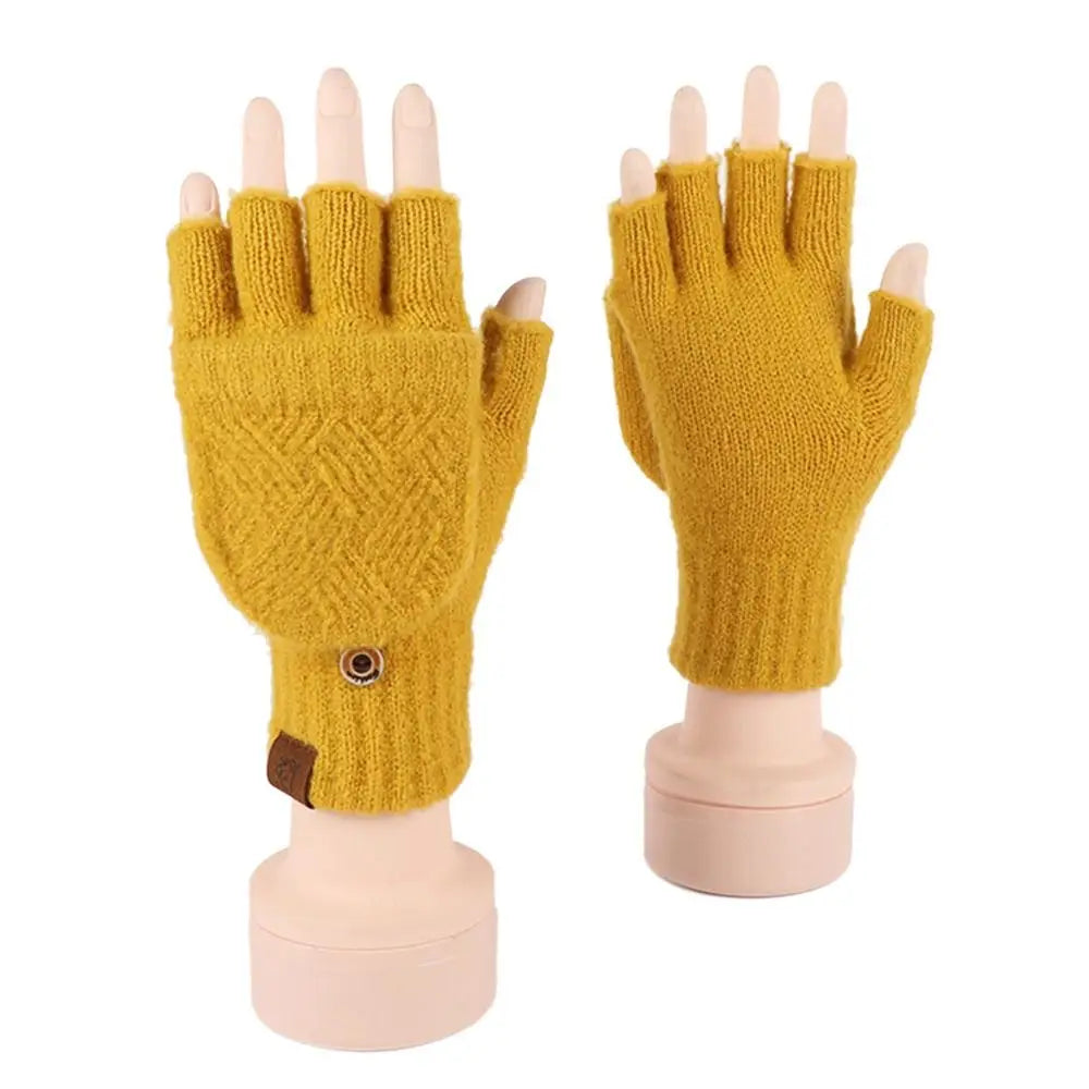 Women Winter Warm Gloves Thickening Wool Gloves Knitted Flip Fingerless Exposed Finger Thick Gloves Without Fingers Mittens