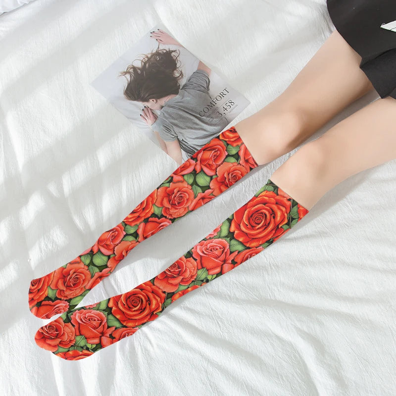 Fashion Trend Flower Print Harajuku Knee Socks Summer Rose Small Daisy Calf Socks Japanese Wild High Tube Sweet Stockings Women