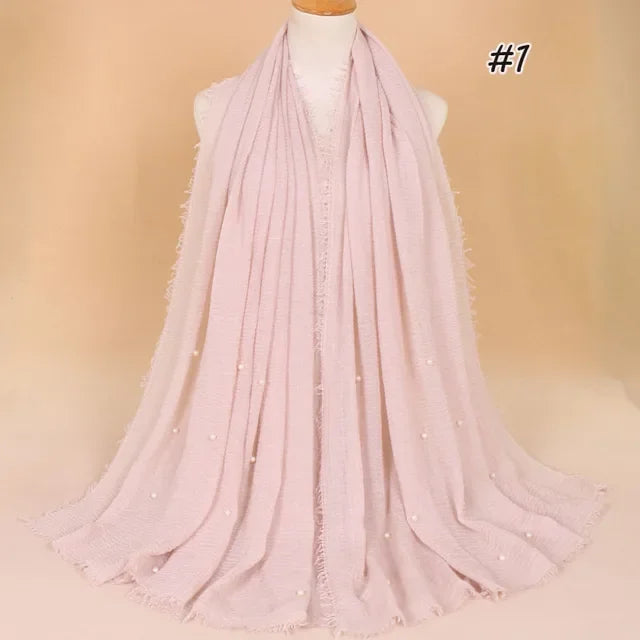 Plain Crinkled Cotton Muslim Hijab Scarf Women Ladies Scarfs Shawls Tassel Head Wrap Pearl Beads Head Scarves Soft Muffler Stole
