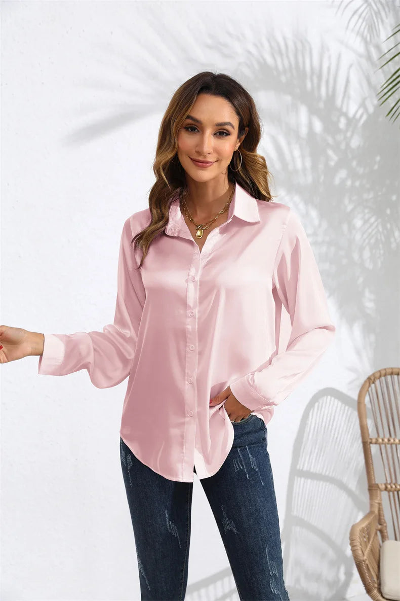 Spring and Autumn real photography in Europe and the United States women's solid color satin sateen long-sleeved women's shirts