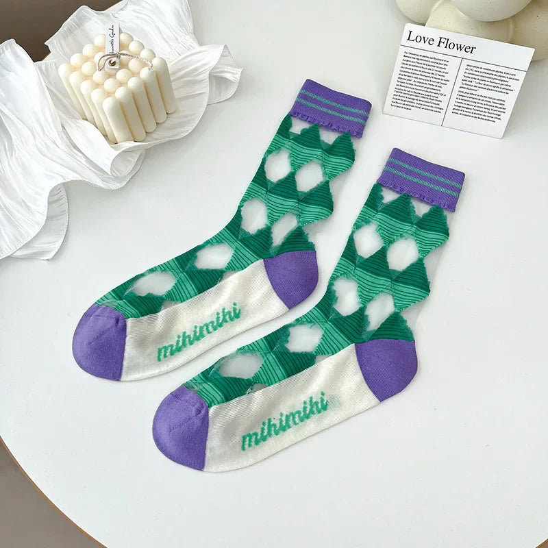 Plaid Sexy Lace Transparent Woman Socks Summer Breathable Ultra-Thin Socks Women Korean Harajuku Streetwear Crystal Silk Socks