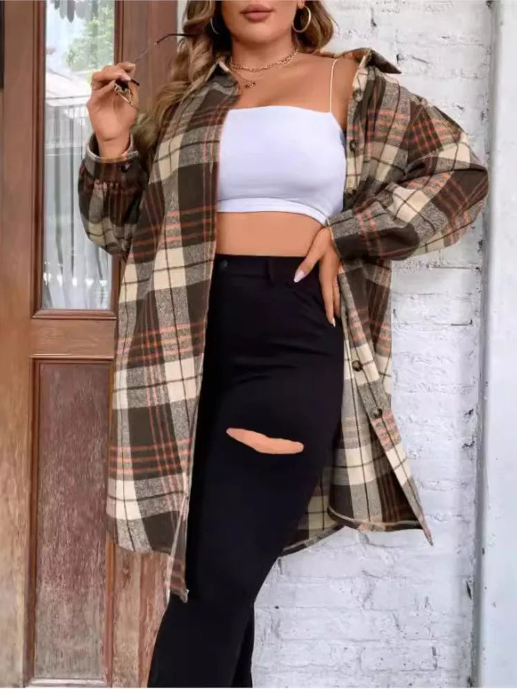 Plus Size Autumn Midi Plaid Striped Print Shirts Coats Women Irregular Pleated Fashion Ladies Blouses Casual Loose Woman Shirts