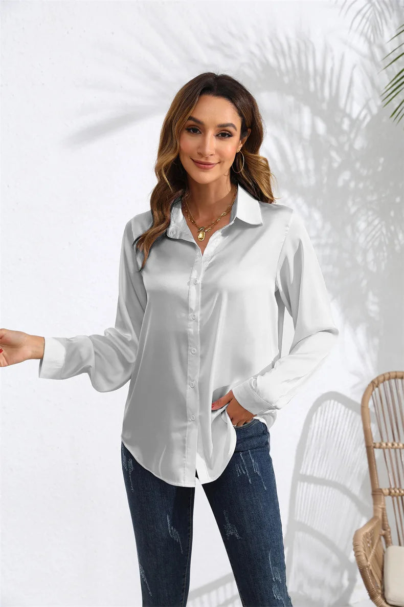Spring and Autumn real photography in Europe and the United States women's solid color satin sateen long-sleeved women's shirts