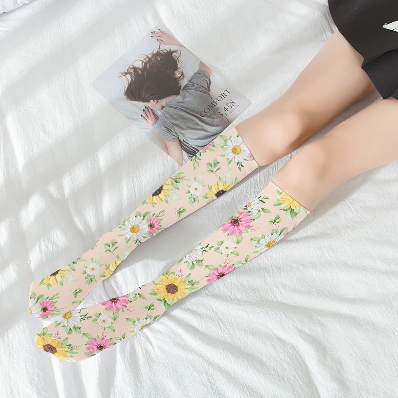 Fashion Trend Flower Print Harajuku Knee Socks Summer Rose Small Daisy Calf Socks Japanese Wild High Tube Sweet Stockings Women