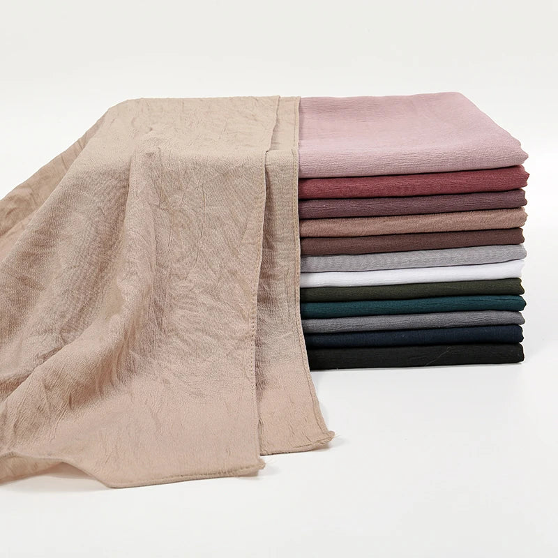 Plain Cotton Feel Wrinkle Hijab Scarf Woman Muslim Hijab Shawls Soft Long Wraps Solid Color Ladies Turban Elegant Headband Stole