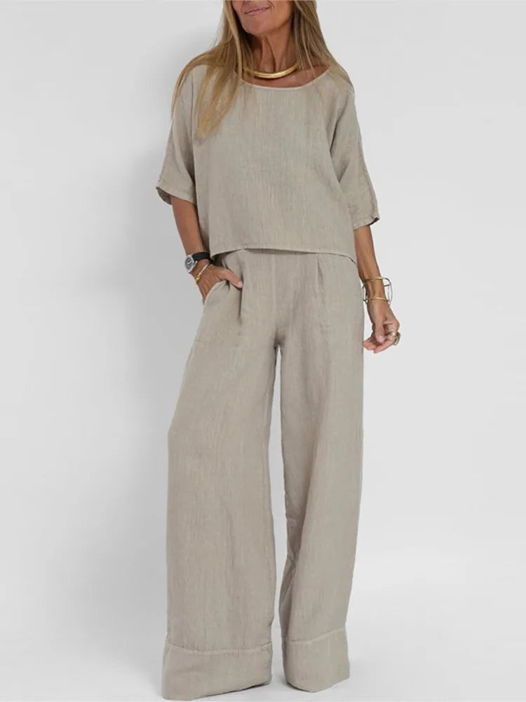 Summer Fashion New Solid Cotton Linen 2 Pieces Sets For Women Casual O-neck Short Sleeved Top + Wide Leg Pants Two Piece Set