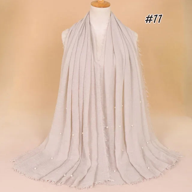 Plain Crinkled Cotton Muslim Hijab Scarf Women Ladies Scarfs Shawls Tassel Head Wrap Pearl Beads Head Scarves Soft Muffler Stole