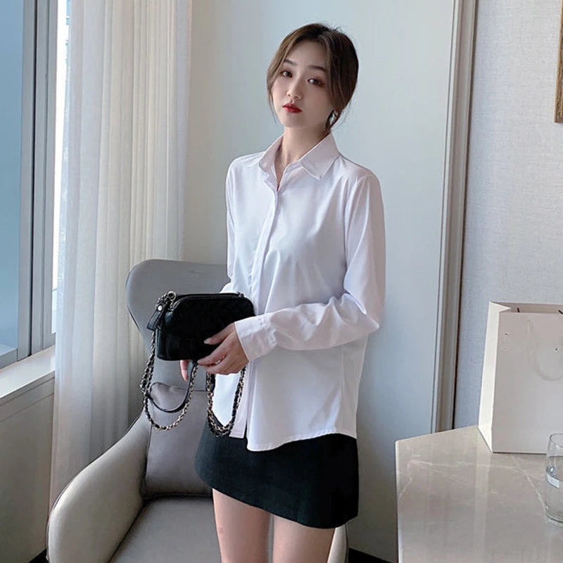 New Women's Shirts 2024 Summer Korean Style Black White Office Ladies Shirt Casual Long Sleeve Turndown Collar Career OL Blouses