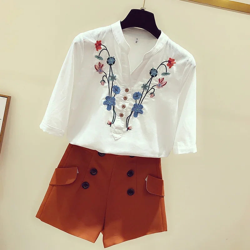 New V-Neck Shirts 2024 Summer Womens Clothes Loose women's Shirts Cotton White Blouse Elegant Embroidery Tops and Blouses 3140