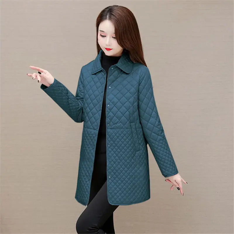 Autumn Winter Women Midi Plaid Quilted Coats Fashion Female Korean Clothing New Solid Casual Thicken Warm Long Sleeve Jackets