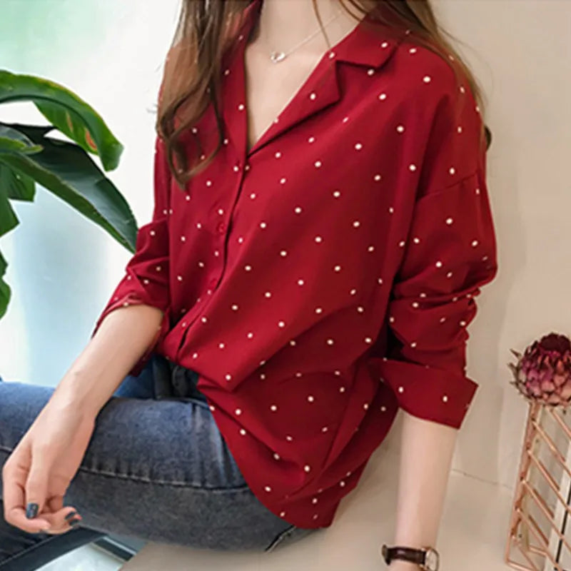 Women's Shirts Dot Print Button Turn-down Collar Long Sleeve Chiffon Blouse