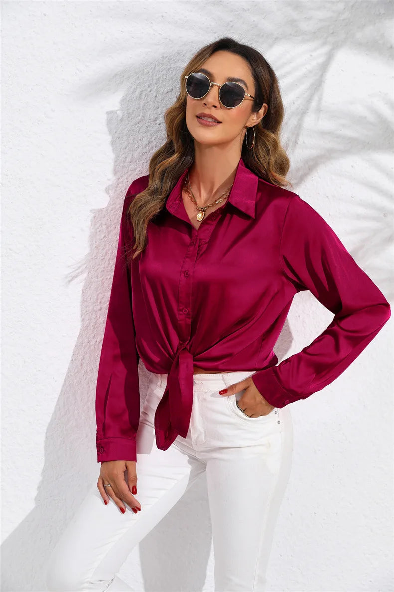 Spring and Autumn real photography in Europe and the United States women's solid color satin sateen long-sleeved women's shirts