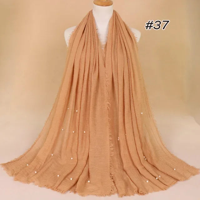 Plain Crinkled Cotton Muslim Hijab Scarf Women Ladies Scarfs Shawls Tassel Head Wrap Pearl Beads Head Scarves Soft Muffler Stole