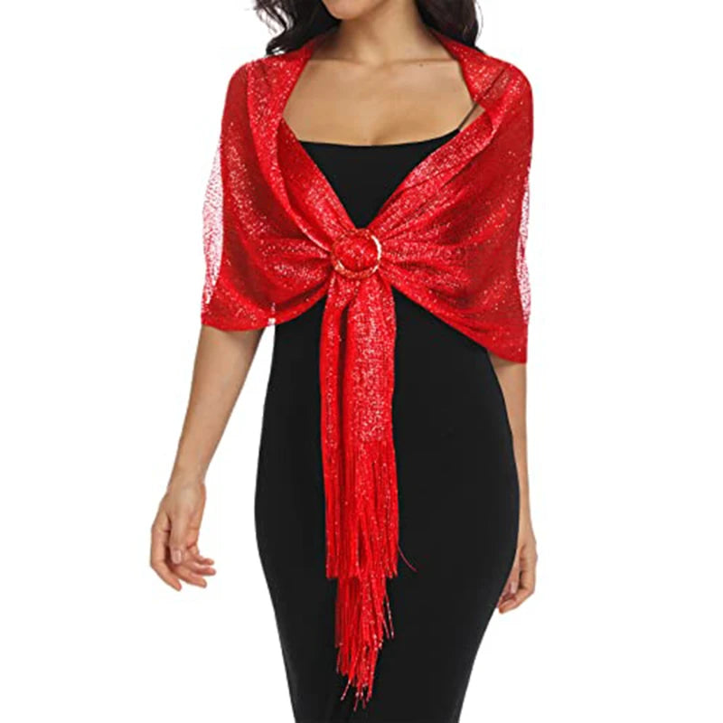 Solid Color Tassel Shawls For Women Sparkling Metallic Shawls And Wraps With Buckle For Evening Party Dresses Wedding Party