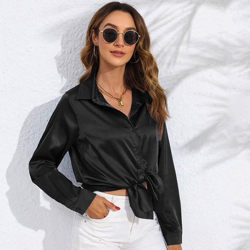 Spring and Autumn real photography in Europe and the United States women's solid color satin sateen long-sleeved women's shirts