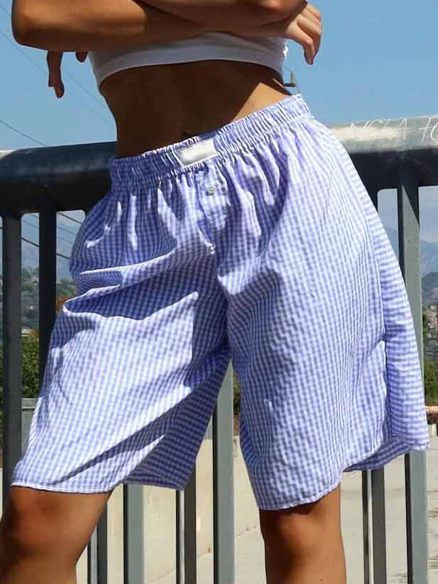 Summer Women Boho Beach Pants Shorts Y2k Plaid Print  Shorts Man Loose Boxers Shorts Lounging Pajamas Bottom Streetwear