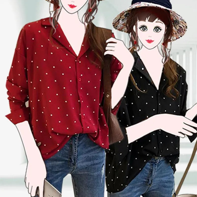Women's Shirts Dot Print Button Turn-down Collar Long Sleeve Chiffon Blouse