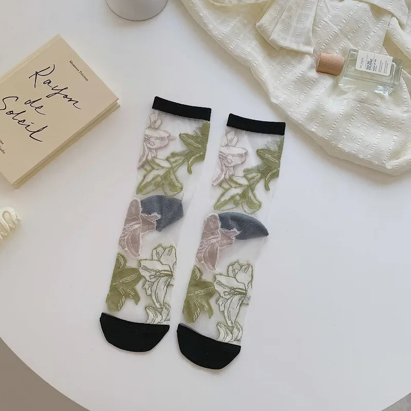 Summer Ultra-thin Crystal Silk Socks Floral Embroidery Harajuku Retro Elastic Long Socks Mesh Fishnet Transparent Lace Socks Sox