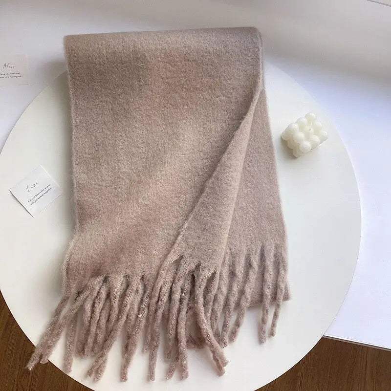 Winter Warm Thicken Scarf Luxury Cashmere Women's Scarfs Solid Color Minimalism Shawl Long Soft Fluffy Classic Tassel Shawls