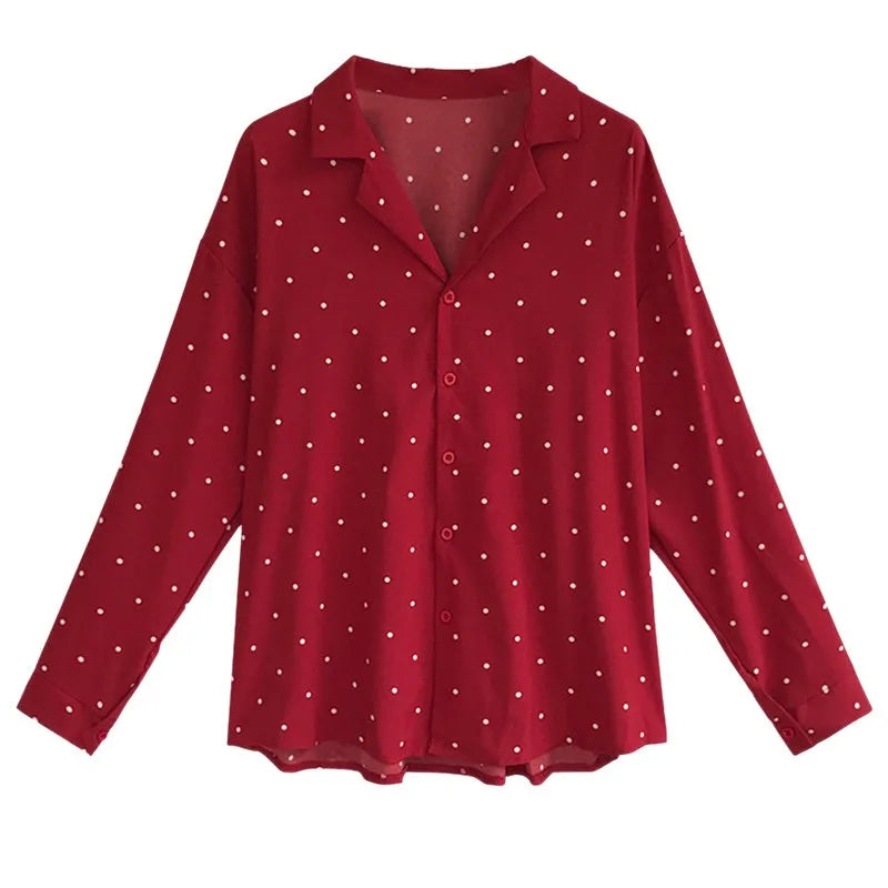 Women's Shirts Dot Print Button Turn-down Collar Long Sleeve Chiffon Blouse
