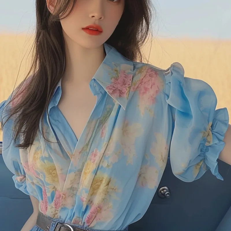 Fashion 2024 Summer New Blouses Sweet Spliced Printed Polo Collar Loose Ruched Button Ruffles Short Sleeve Women's Shirts Tops