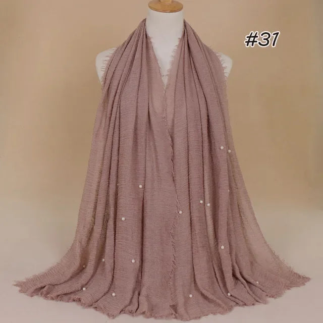Plain Crinkled Cotton Muslim Hijab Scarf Women Ladies Scarfs Shawls Tassel Head Wrap Pearl Beads Head Scarves Soft Muffler Stole