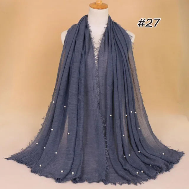 Plain Crinkled Cotton Muslim Hijab Scarf Women Ladies Scarfs Shawls Tassel Head Wrap Pearl Beads Head Scarves Soft Muffler Stole