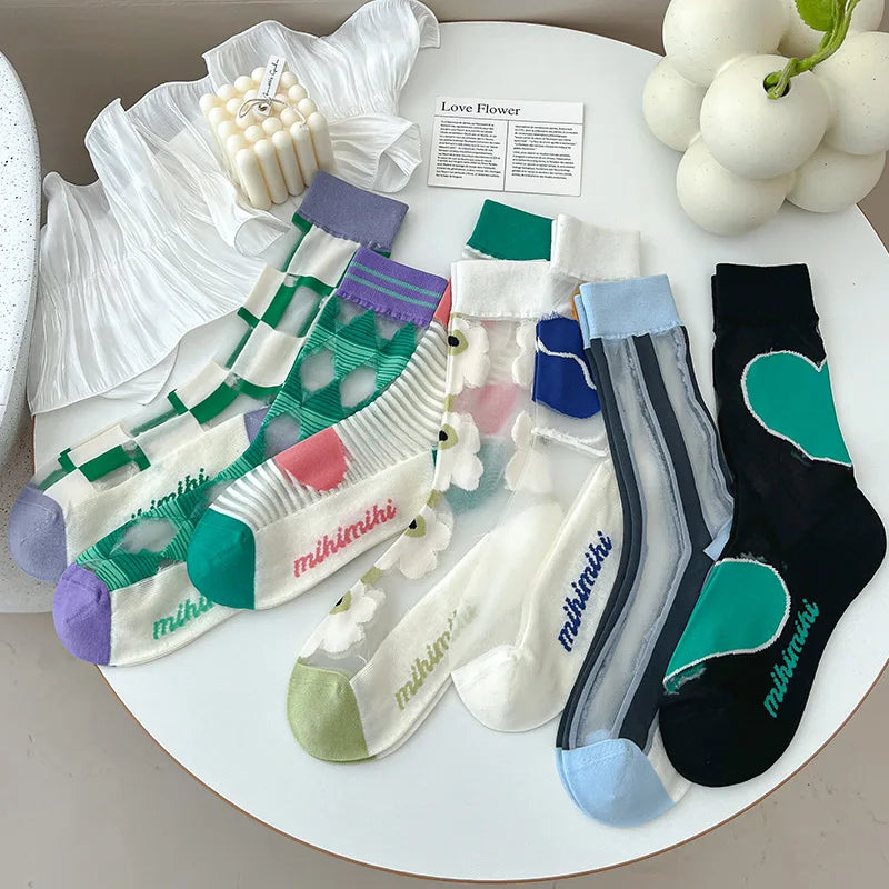 Plaid Sexy Lace Transparent Woman Socks Summer Breathable Ultra-Thin Socks Women Korean Harajuku Streetwear Crystal Silk Socks