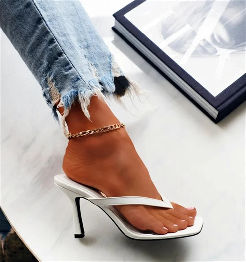 Stylish Women's Heel Flip Flops Black High Heels White Sandals Women Mules Slippers Ladies Summer Shoes 36-42 Calzado Mujer