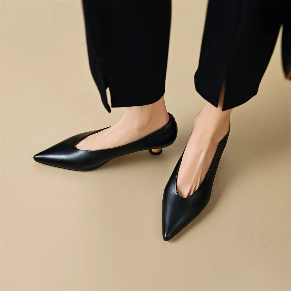 Taoffen Spring/Autumn Women's Pumps Real Leather Pointed toe High Heel Fashion Slip On Thin Heels Solid Casual Office Lady Shoes