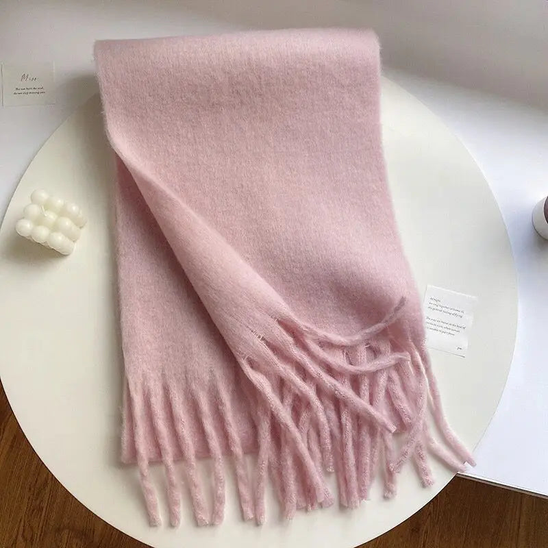 Winter Warm Thicken Scarf Luxury Cashmere Women's Scarfs Solid Color Minimalism Shawl Long Soft Fluffy Classic Tassel Shawls