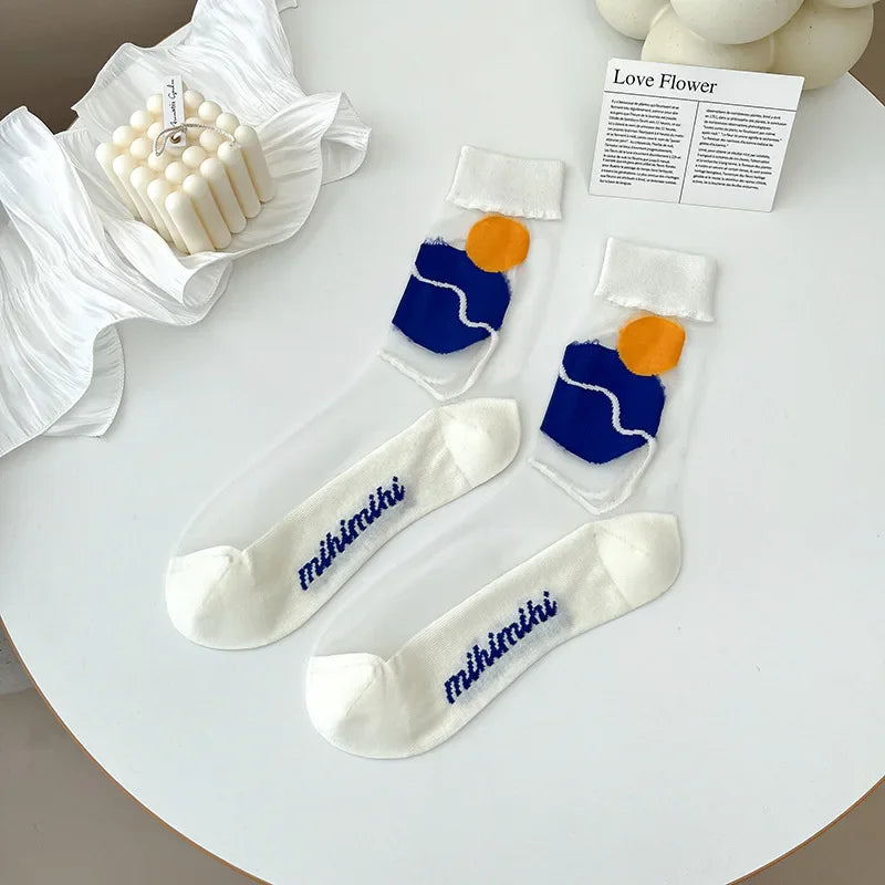 Plaid Sexy Lace Transparent Woman Socks Summer Breathable Ultra-Thin Socks Women Korean Harajuku Streetwear Crystal Silk Socks