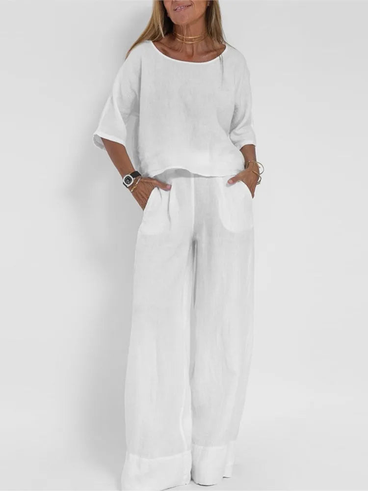 Summer Fashion New Solid Cotton Linen 2 Pieces Sets For Women Casual O-neck Short Sleeved Top + Wide Leg Pants Two Piece Set