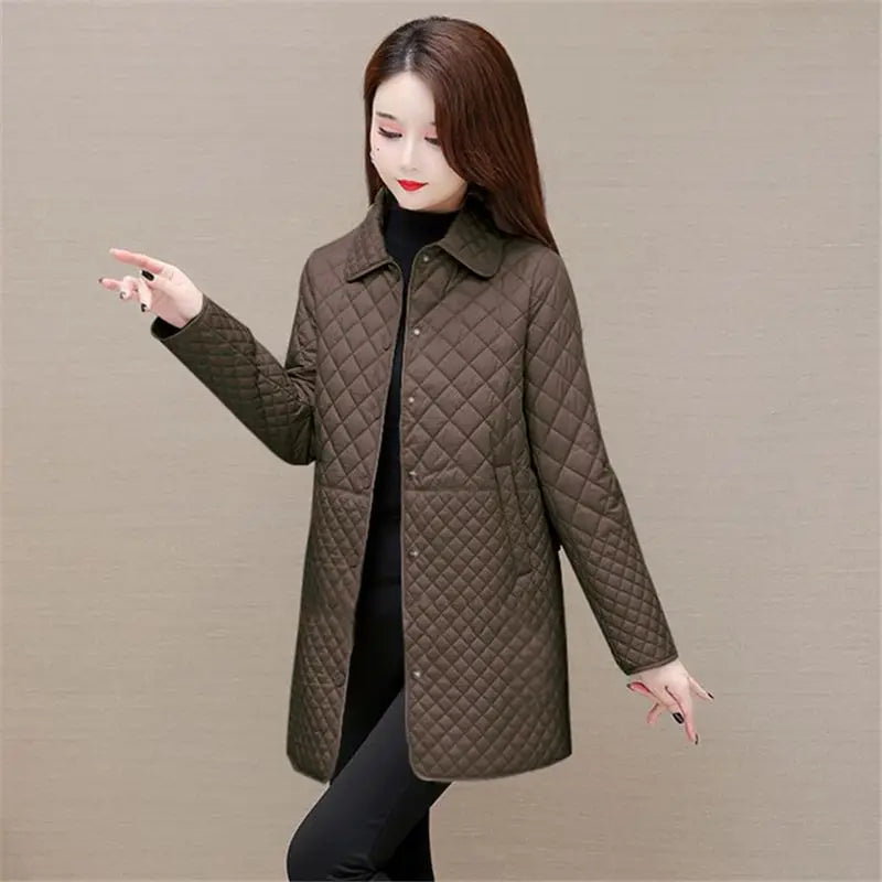 Autumn Winter Women Midi Plaid Quilted Coats Fashion Female Korean Clothing New Solid Casual Thicken Warm Long Sleeve Jackets