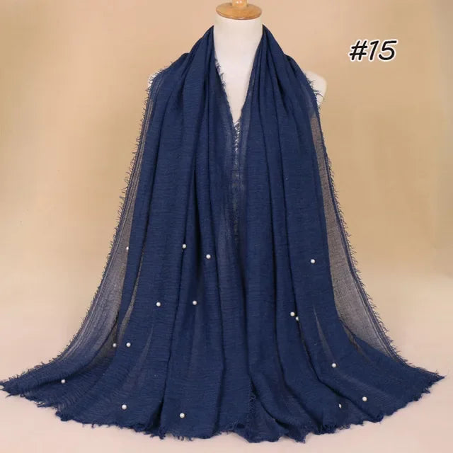 Plain Crinkled Cotton Muslim Hijab Scarf Women Ladies Scarfs Shawls Tassel Head Wrap Pearl Beads Head Scarves Soft Muffler Stole