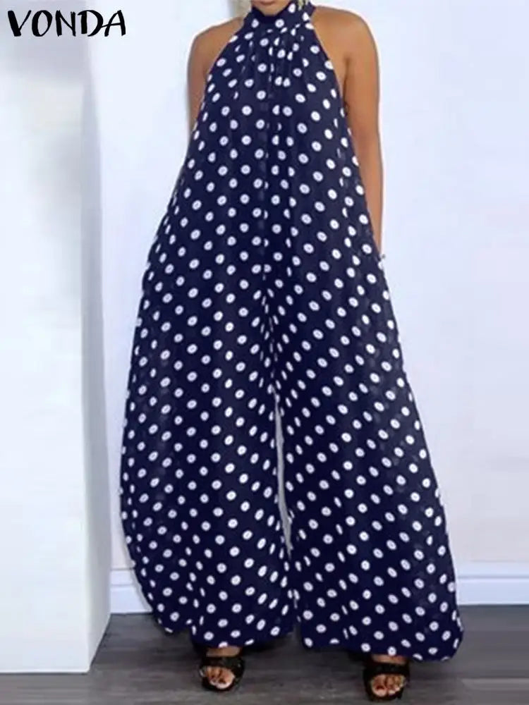 Plus Size 5XL VONDA Women Summer Party Romper Sexy Halter Jumpsuits Casual Sleeveless Polka Dot Printed Bohemian Loose Overalls