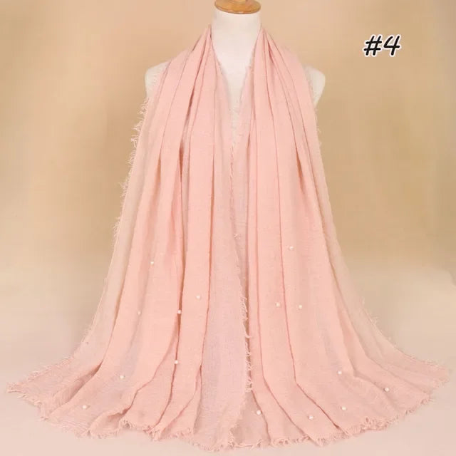 Plain Crinkled Cotton Muslim Hijab Scarf Women Ladies Scarfs Shawls Tassel Head Wrap Pearl Beads Head Scarves Soft Muffler Stole