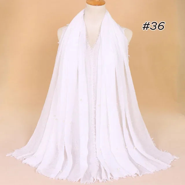 Plain Crinkled Cotton Muslim Hijab Scarf Women Ladies Scarfs Shawls Tassel Head Wrap Pearl Beads Head Scarves Soft Muffler Stole