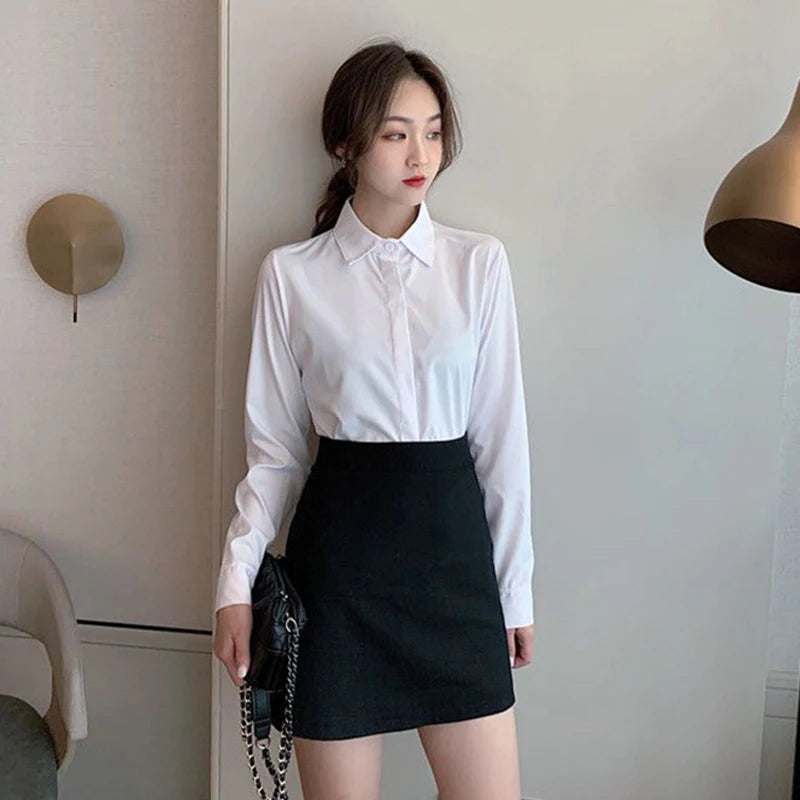 New Women's Shirts 2024 Summer Korean Style Black White Office Ladies Shirt Casual Long Sleeve Turndown Collar Career OL Blouses