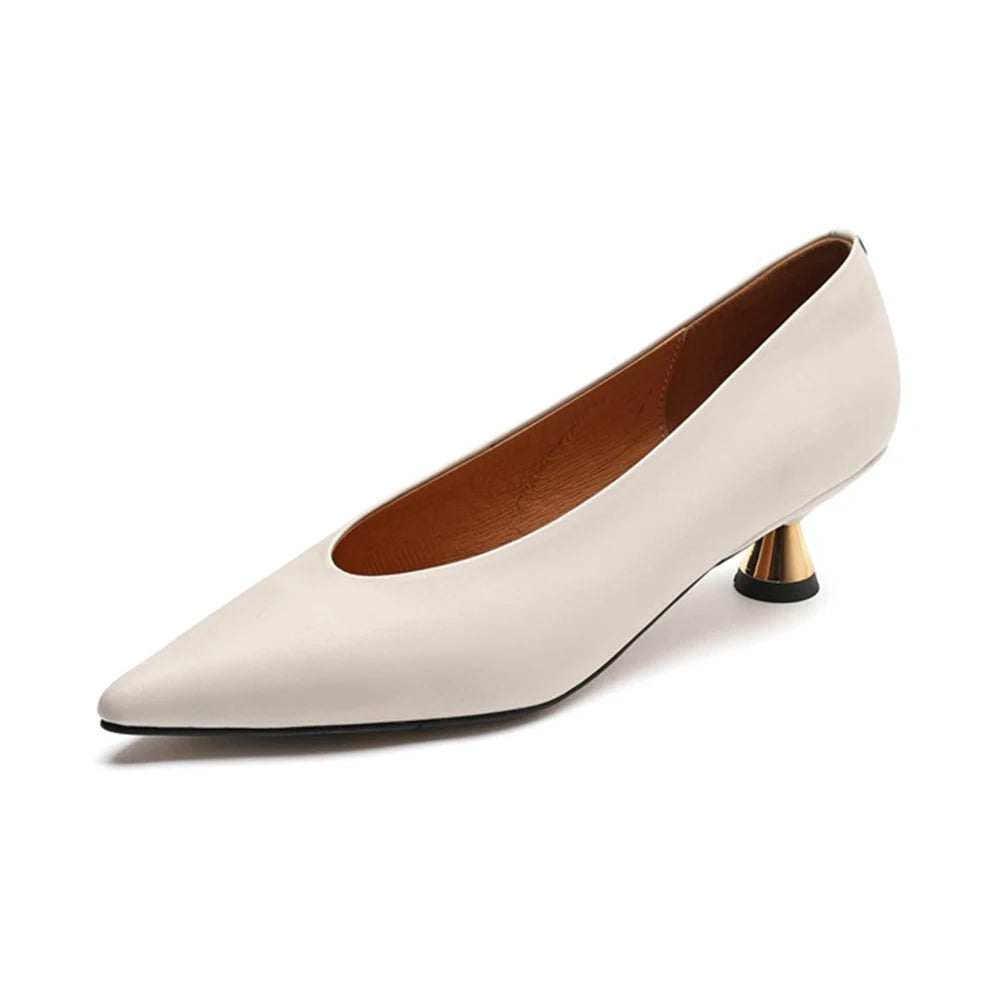 Taoffen Spring/Autumn Women's Pumps Real Leather Pointed toe High Heel Fashion Slip On Thin Heels Solid Casual Office Lady Shoes