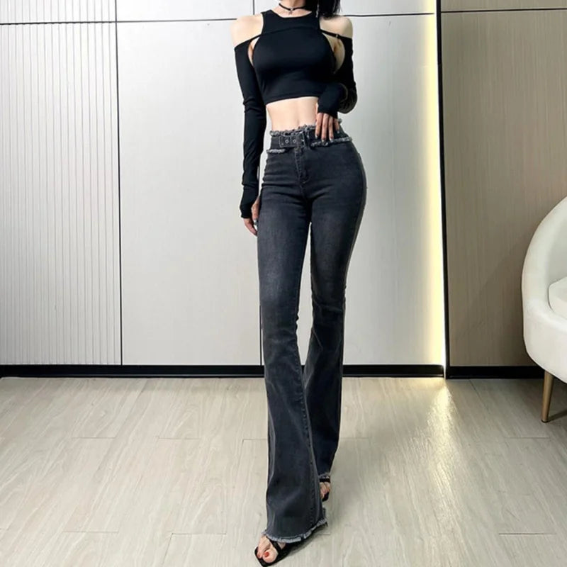 Denim Pants for Women Flare Flared Slim Fit Sexy Bell Bottom Skinny Women's Jeans Retro Medium Waist Cowboy Aesthetic Trousers A