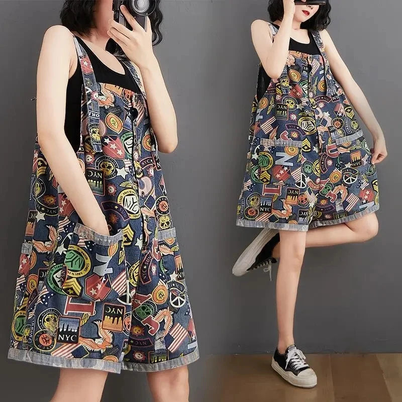 Printed Denim Strap Pants For Women's Jeans 2024 Spring Summer New High Waisted Versatile Loose Fitting Jumpsuit Female