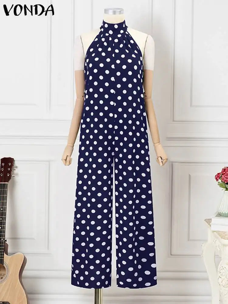Plus Size 5XL VONDA Women Summer Party Romper Sexy Halter Jumpsuits Casual Sleeveless Polka Dot Printed Bohemian Loose Overalls