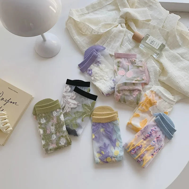 Summer Ultra-thin Crystal Silk Socks Floral Embroidery Harajuku Retro Elastic Long Socks Mesh Fishnet Transparent Lace Socks Sox